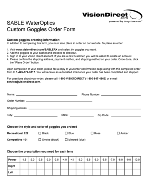 Sable WaterOptics Custom Goggles Order Form