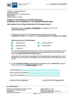 Anlage zur Anmeldung zur Abschlussprüfung
