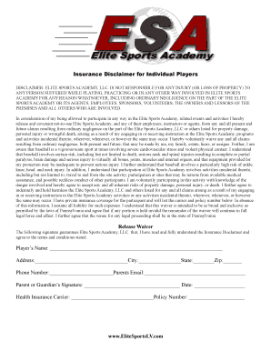 Elite Sports Academy Insurance Disclaimer