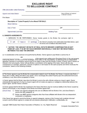 Connecticut Exclusive Right to Sell/Lease Contract