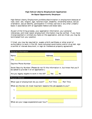 High School Liberty Employment Application An Equal