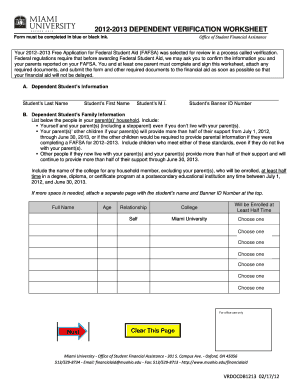 2012-2013 Dependent Verification Worksheet