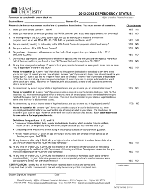 2012-2013 Dependency Status Form