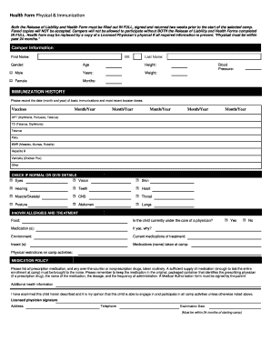 Physical & Immunization Health Form