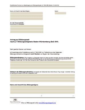 Empfohlenes Formular zur Beantragung von Bildungszeit gem. § 7 BzG BW