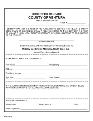 California Order for Release of Deceased Body