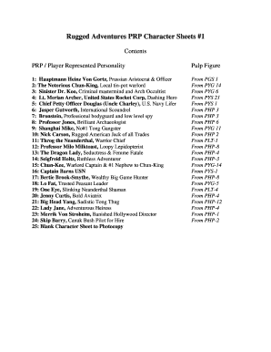 Rugged Adventures PRP Character Sheets