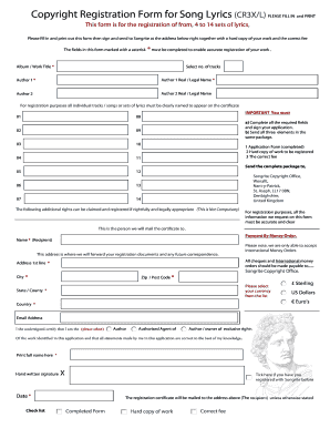 Copyright Registration Form for Song Lyrics
