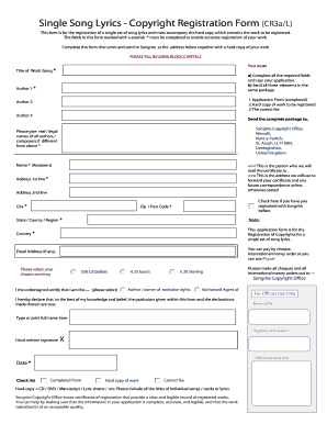 Single Song Lyrics Copyright Registration Form