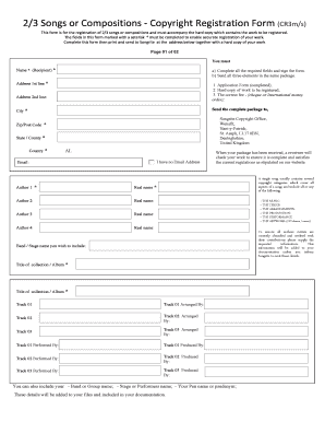 UK Copyright Registration Form for Songs or Compositions