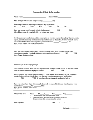 Coumadin Clinic Patient Information Form