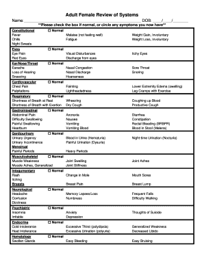 Adult Female Review of Systems Form