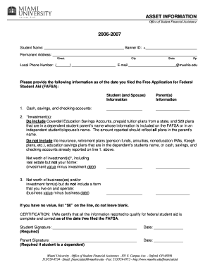 2006-2007 Student Financial Aid Asset Information Form