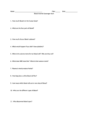 Blood Internet Scavenger Hunt Worksheet