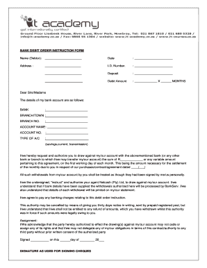 Bank Debit Order Instruction Form