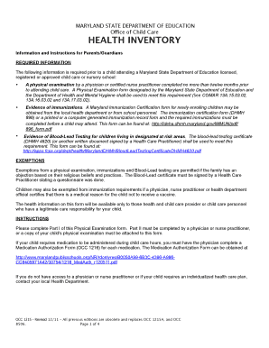 Maryland Child Care Health Inventory Form