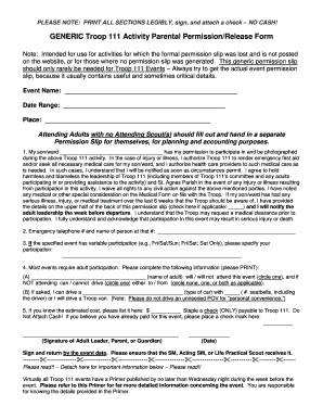 PLEASE NOTE PRINT ALL SECTIONS LEGIBLY, sign, and attach a check NO CASH - troop111