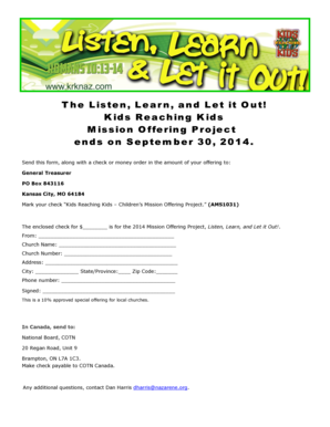 2014 Kids Reaching Kids Mission Offering Form