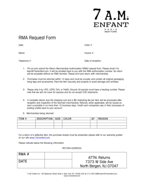 Return Merchandise Authorization Request Form