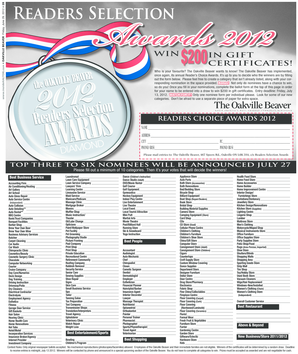 Oakville Beaver Reader's Choice Awards Nomination Form