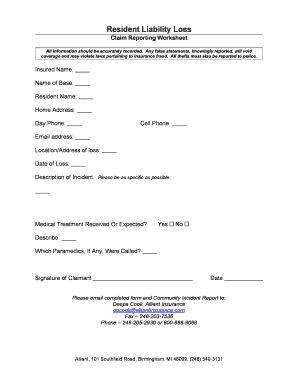 Resident Liability Loss Claim Reporting Worksheet
