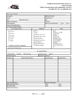 Chain of Custody Form for Environmental Samples