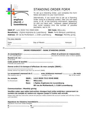 Bank Standing Order Form