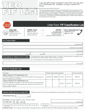 FIF Classification List Order Form