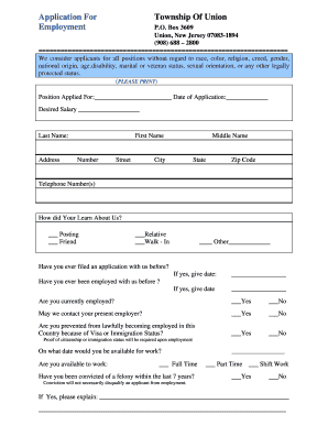 Township of Union Employment Application Form