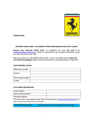 FERRARI STORE RETURNED GOODS FORM RETURNING OF NON-CONFORMING