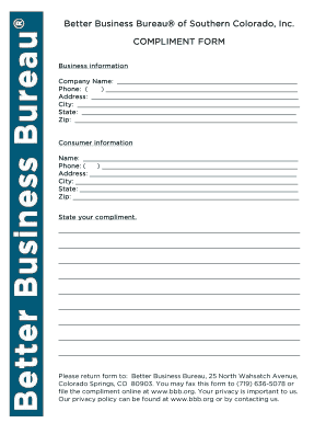 Better Business Bureau Compliment Form
