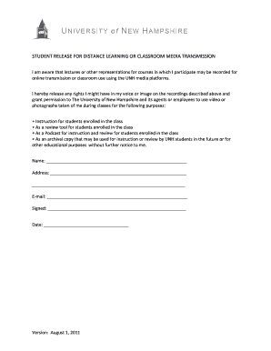 Student Release for Distance Learning or Classroom Media Transmission