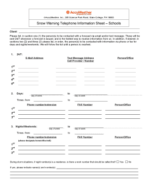 Snow Warning Telephone Information Sheet