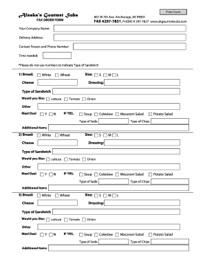 Alaska's Gourmet Subs Fax Order Form