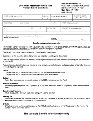 United Staff Association Welfare Fund Variable Benefit Claim Form