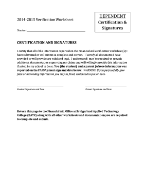 2014-2015 Financial Aid Verification Worksheet