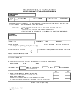 New York Motor Vehicle No-Fault Insurance Application