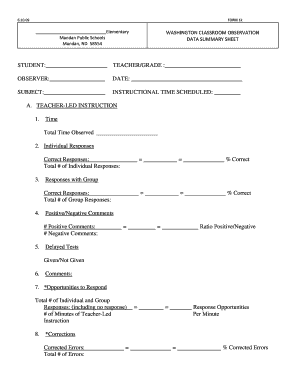 Elementary Classroom Observation Data Summary Sheet