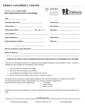 New Patient Referral Form: Immunology