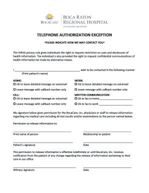 HIPAA Telephone Authorization Exception Form
