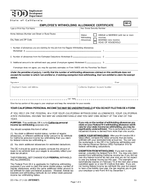 California DE 4 Employee Withholding Allowance Certificate