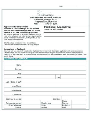 ChefAdvantage Employment Application Form