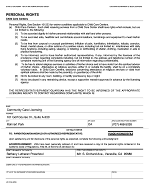 California Child Care Center Personal Rights Notice