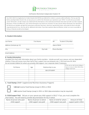 Verification Worksheet for FAFSA