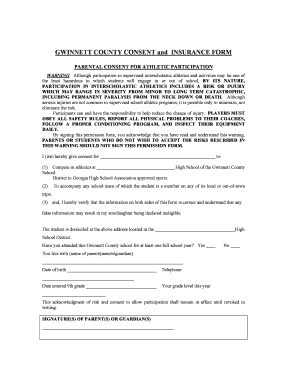 Gwinnett County Athletic Participation Consent and Insurance Form