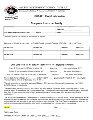 Aldine ISD Child Care Payroll Deduction Form