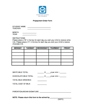 School Milk Prepayment Order Form
