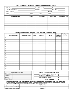 Texas USA Gymnastics Entry Form