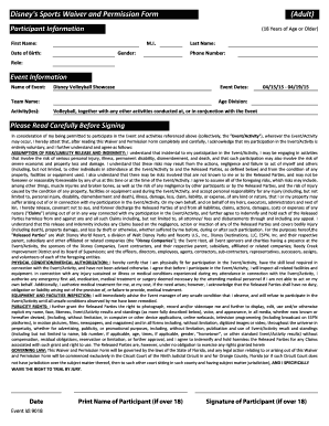 Disney Sports Waiver and Permission Form (Adult)