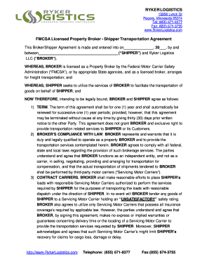 FMCSA Licensed Property Broker Shipper Transportation Agreement